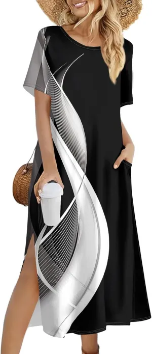 Women's Casual Loose Fit Short Sleeve Midi Casual Dress with Side Slits Comfortable Summer Beach Wear