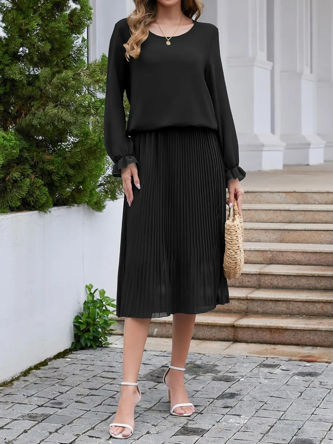 Womens Casual Midi Dress Long Sleeve Floral Chiffon A Line Flowy Beach Vacation Dresses