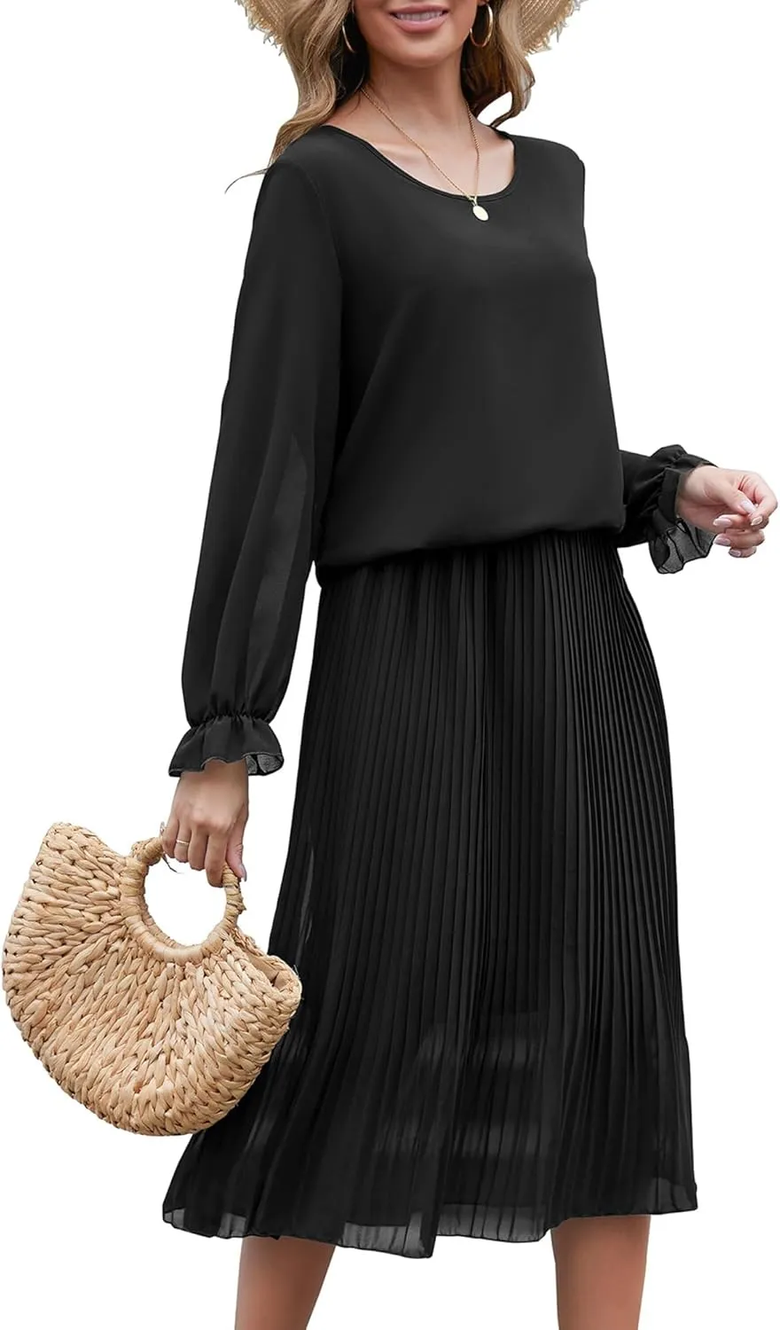 Womens Casual Midi Dress Long Sleeve Floral Chiffon A Line Flowy Beach Vacation Dresses