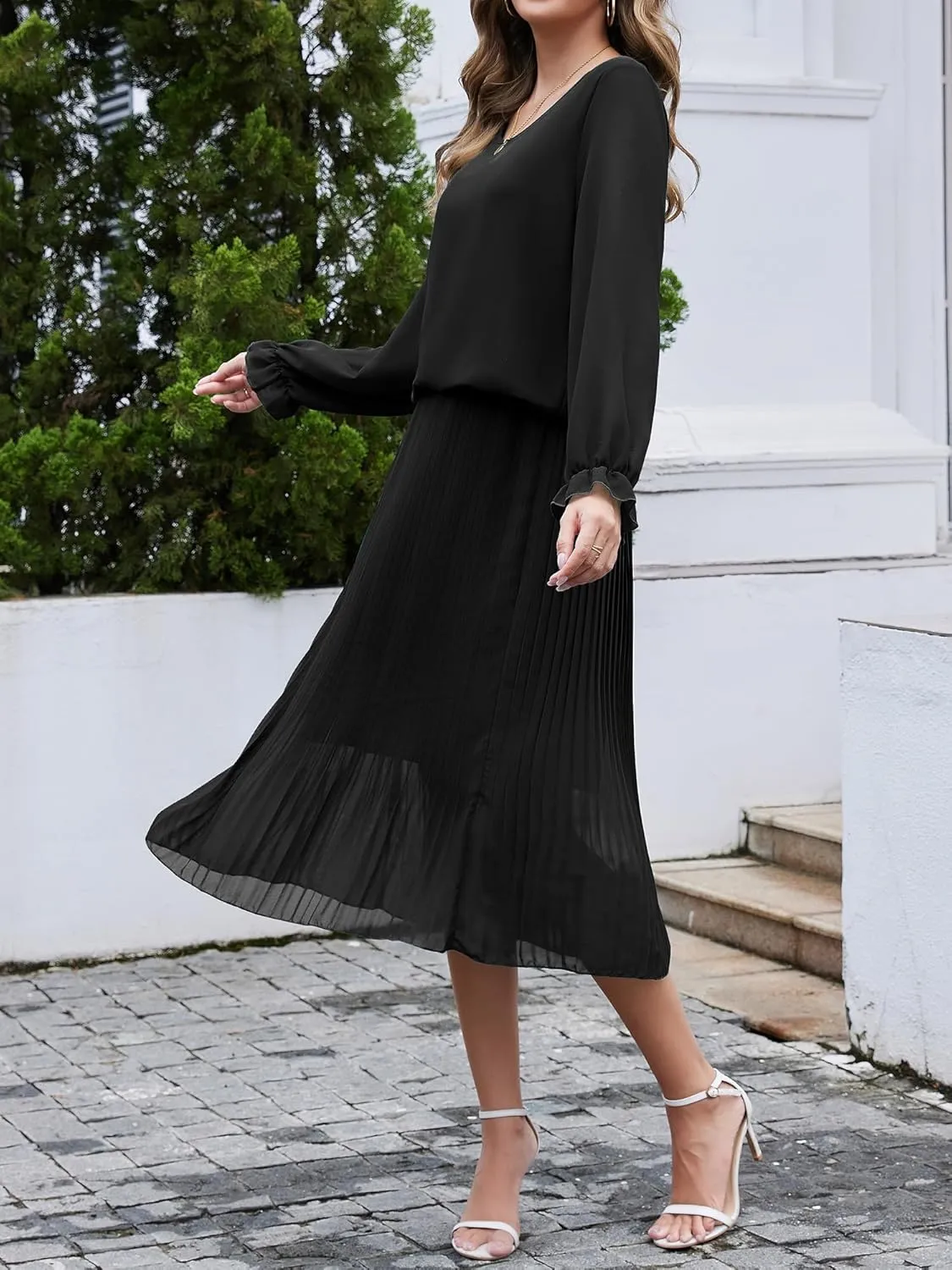 Womens Casual Midi Dress Long Sleeve Floral Chiffon A Line Flowy Beach Vacation Dresses
