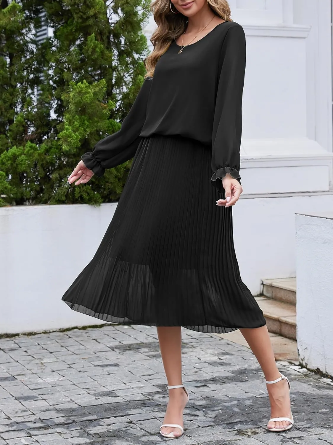 Womens Casual Midi Dress Long Sleeve Floral Chiffon A Line Flowy Beach Vacation Dresses
