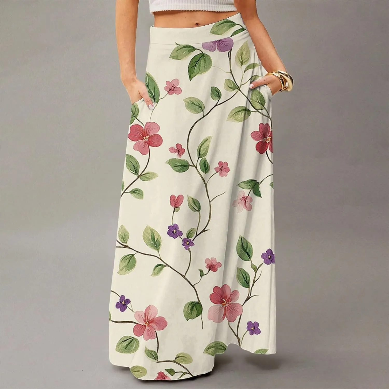 Women's Concert Outfits Skirt Casual Elastic High Waist Maxi Skirts Flowy A Line Beach Sundresses, S-2XL