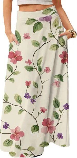Women's Concert Outfits Skirt Casual Elastic High Waist Maxi Skirts Flowy A Line Beach Sundresses, S-2XL