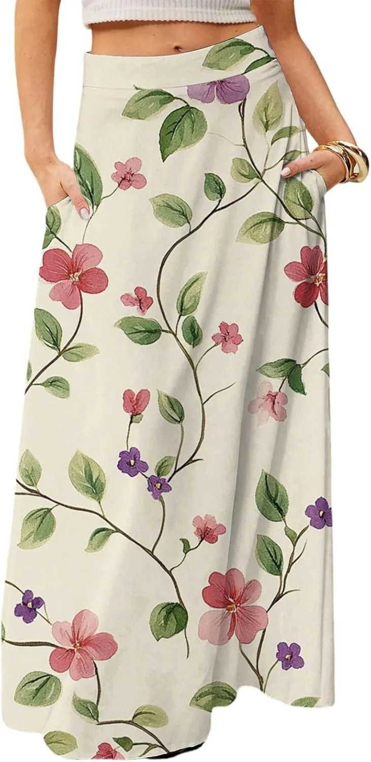 Women's Concert Outfits Skirt Casual Elastic High Waist Maxi Skirts Flowy A Line Beach Sundresses, S-2XL