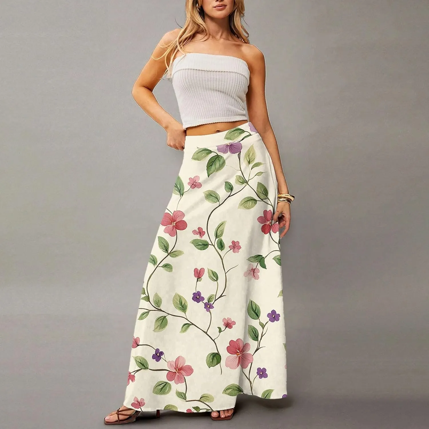 Women's Concert Outfits Skirt Casual Elastic High Waist Maxi Skirts Flowy A Line Beach Sundresses, S-2XL
