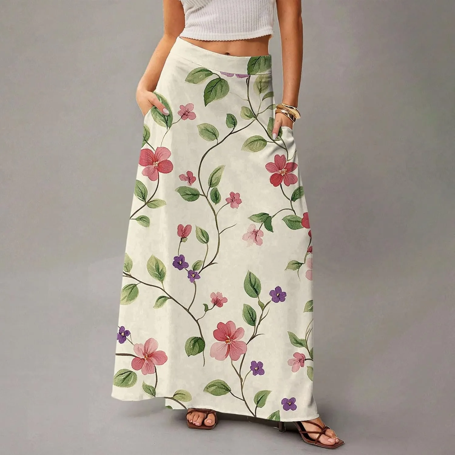 Women's Concert Outfits Skirt Casual Elastic High Waist Maxi Skirts Flowy A Line Beach Sundresses, S-2XL