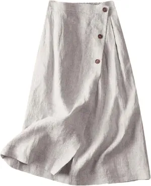 Women's Cotton Linen Medium Length Elegant Commuting Wear Swing with Button Skirt