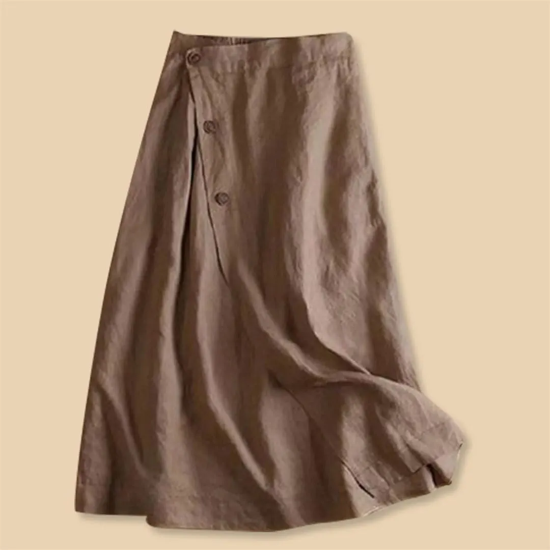 Women's Cotton Linen Medium Length Elegant Commuting Wear Swing with Button Skirt