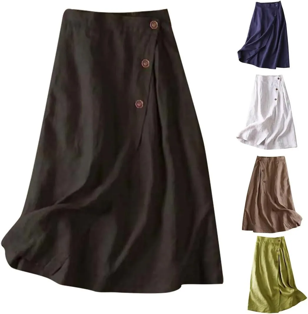 Women's Cotton Linen Medium Length Elegant Commuting Wear Swing with Button Skirt