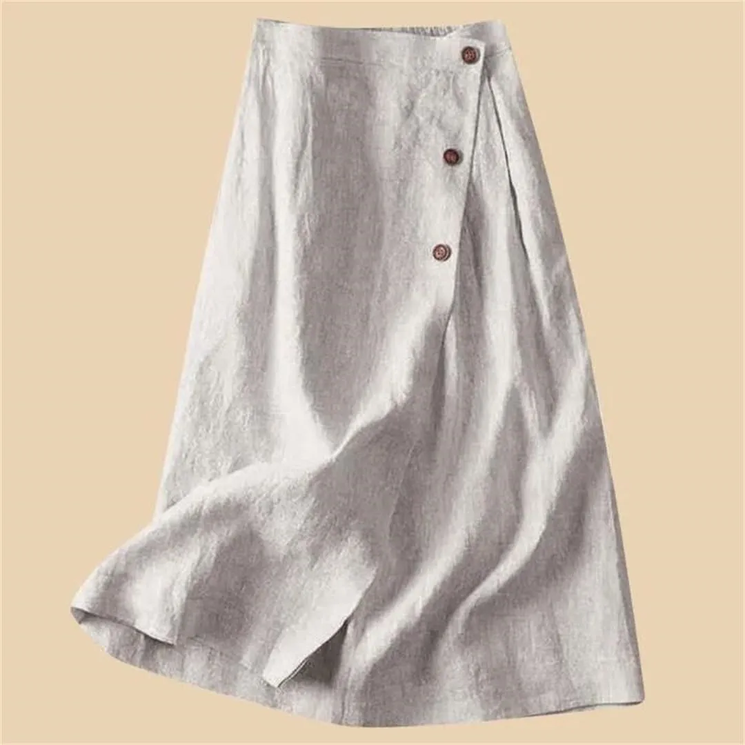 Women's Cotton Linen Medium Length Elegant Commuting Wear Swing with Button Skirt