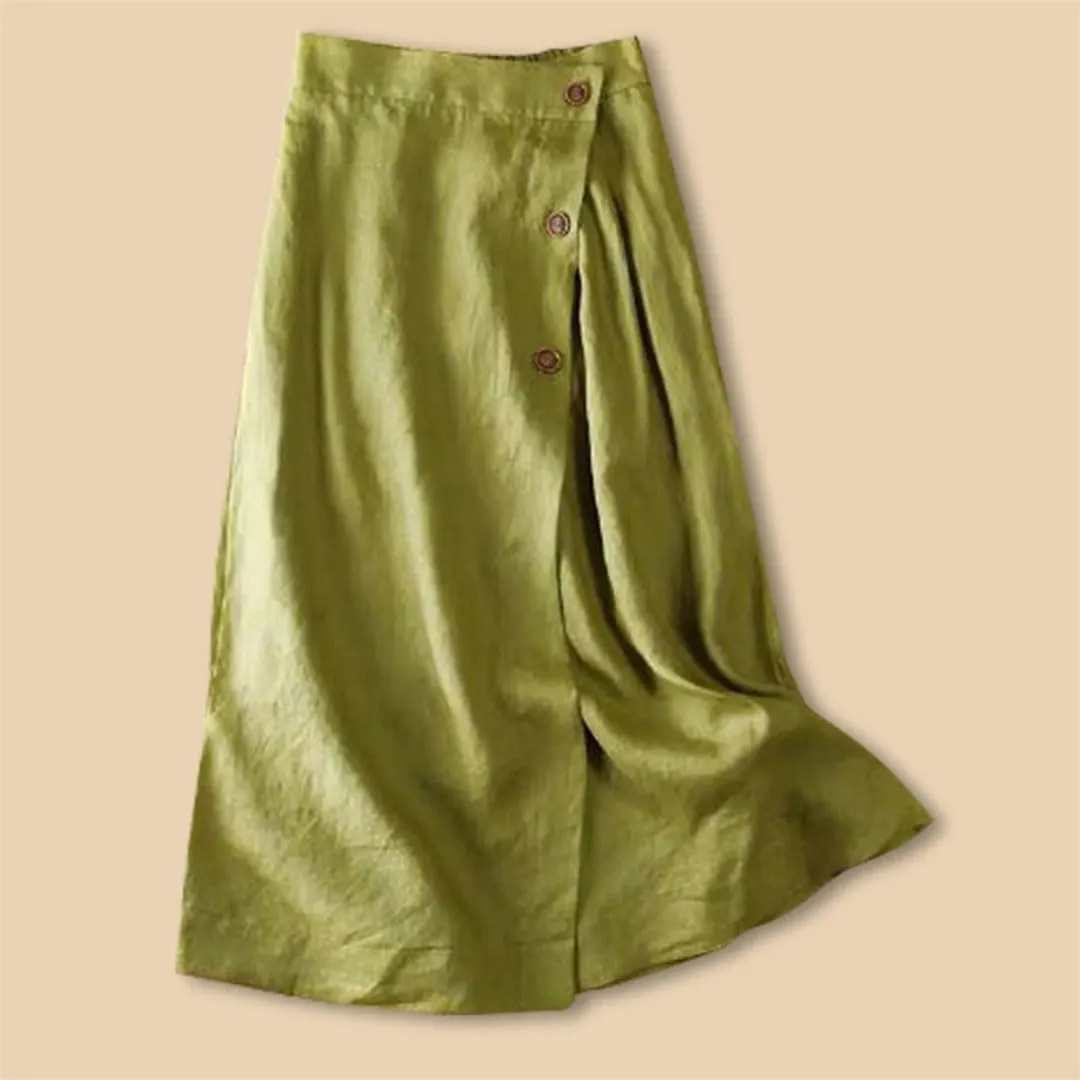 Women's Cotton Linen Medium Length Elegant Commuting Wear Swing with Button Skirt