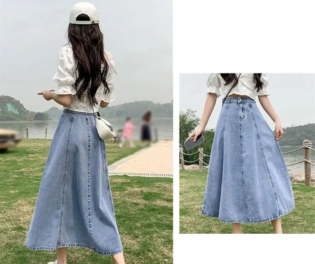 Women's Elastic Waist Denim Skirt Medium-Length A-Line Umbrella Skirt Streetwear Skirts
