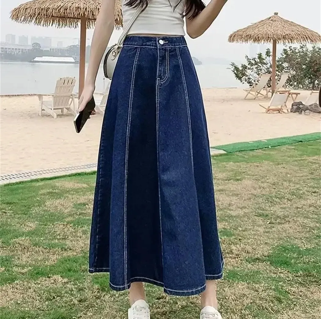 Women's Elastic Waist Denim Skirt Medium-Length A-Line Umbrella Skirt Streetwear Skirts