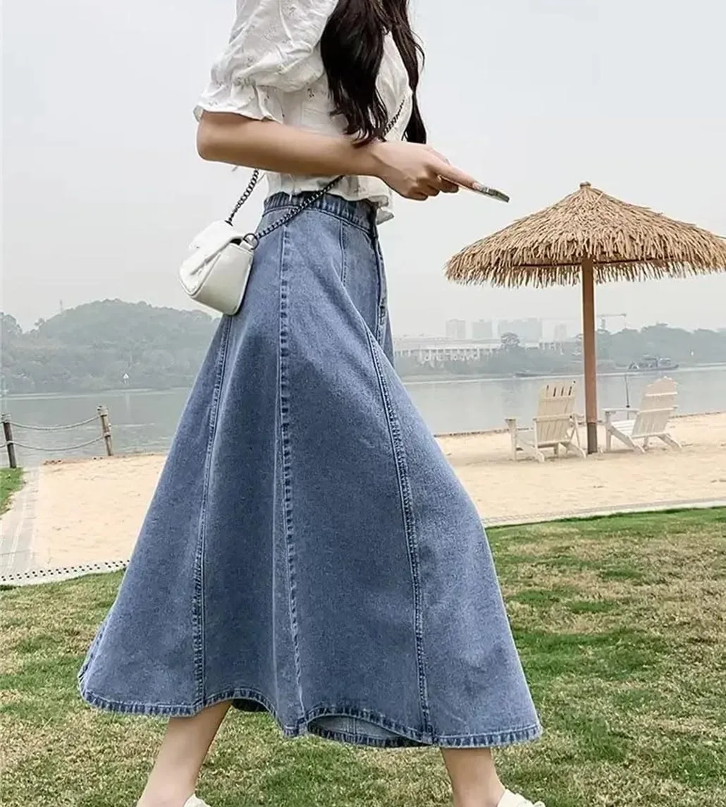 Women's Elastic Waist Denim Skirt Medium-Length A-Line Umbrella Skirt Streetwear Skirts