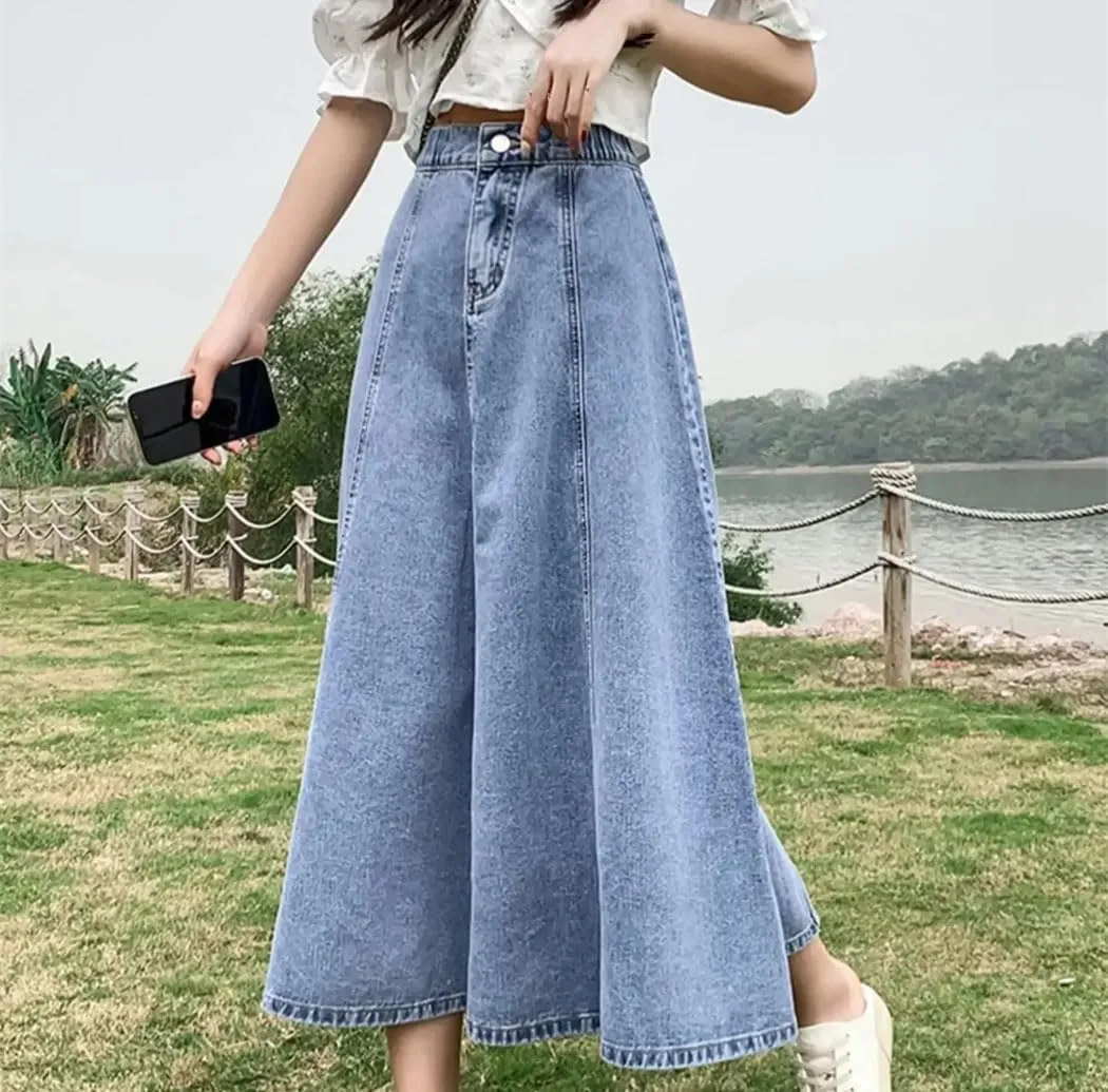 Women's Elastic Waist Denim Skirt Medium-Length A-Line Umbrella Skirt Streetwear Skirts