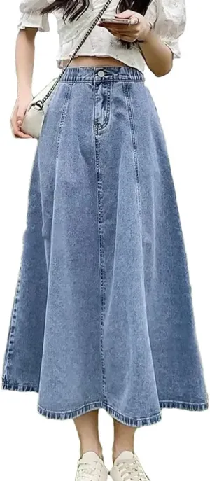 Women's Elastic Waist Denim Skirt Medium-Length A-Line Umbrella Skirt Streetwear Skirts