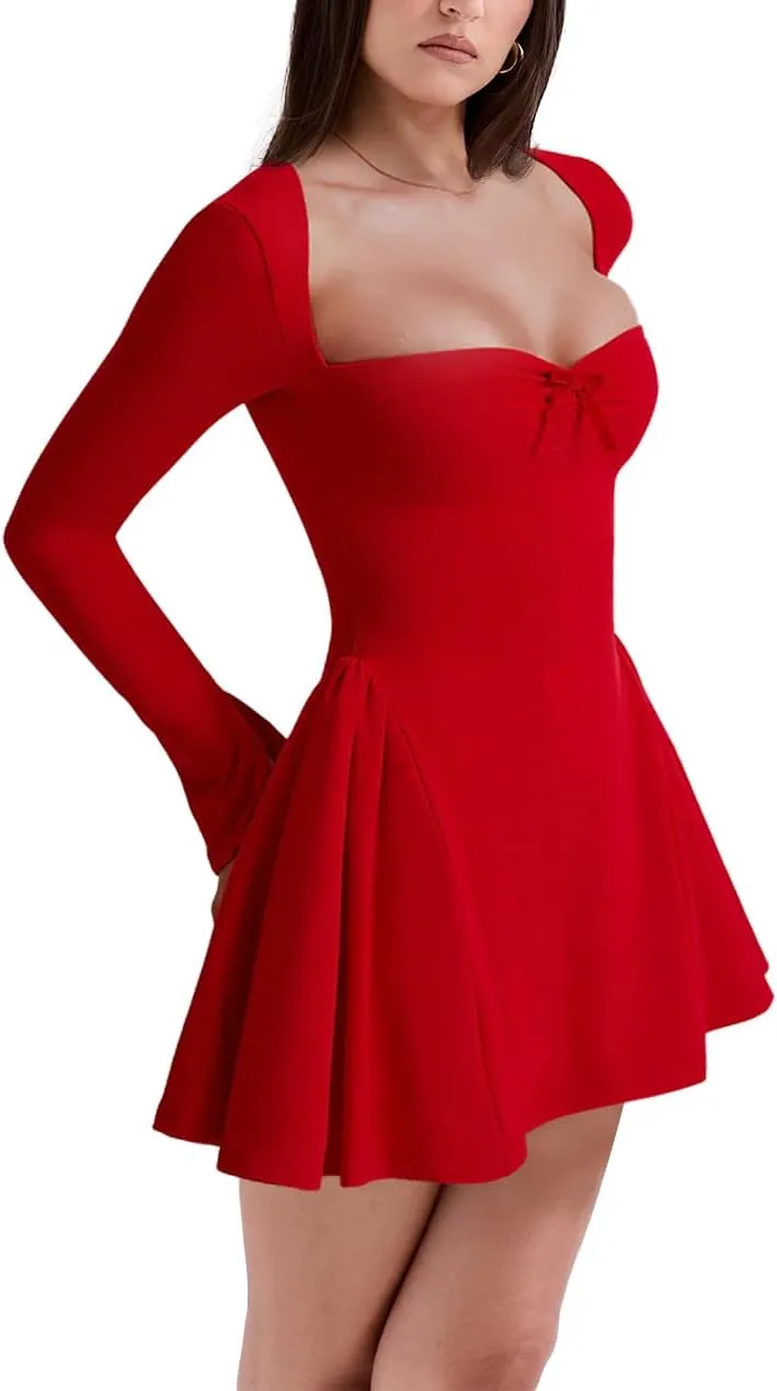 Women's Fit and Flare Mini Dress - Long Sleeve Sweetheart Neck Sexy A Line Club Party Going Out Dresses