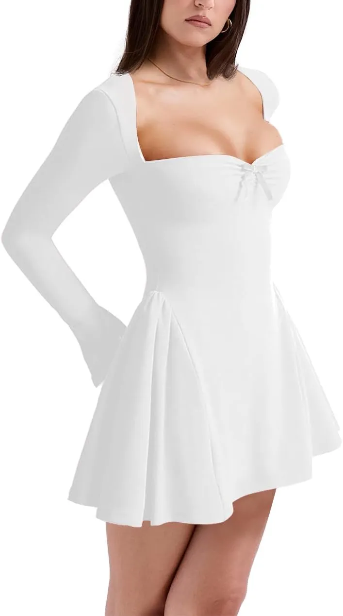 Women's Fit and Flare Mini Dress - Long Sleeve Sweetheart Neck Sexy A Line Club Party Going Out Dresses