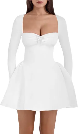 Women's Fit and Flare Mini Dress - Long Sleeve Sweetheart Neck Sexy A Line Club Party Going Out Dresses