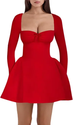 Women's Fit and Flare Mini Dress - Long Sleeve Sweetheart Neck Sexy A Line Club Party Going Out Dresses