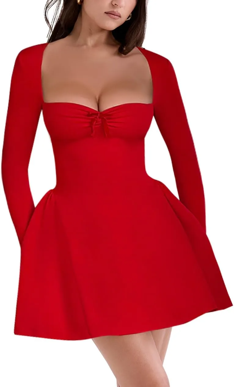 Women's Fit and Flare Mini Dress - Long Sleeve Sweetheart Neck Sexy A Line Club Party Going Out Dresses