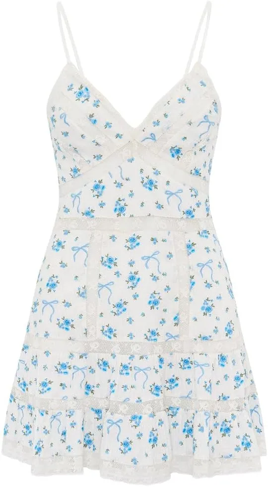 Women's Floral Mini Dress Y2k Lace Slip Flowy Dresses V Neck Patchwork Short Dress