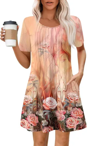 Women's Floral Print Casual Short Sleeve Beach Dress with Pockets Summer Loose Fit Tunic for Everyday Wear