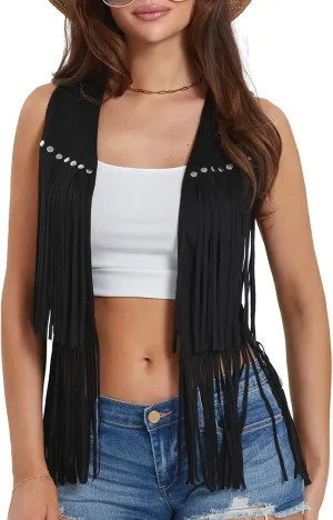 Women's Fringe Vest - Sleeveless Open Front 70s Vintage Hippie Tassel Cardigan