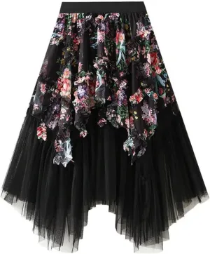 Women's Gauze Skirt - Irregular Mesh Hem Long Fairy Medium Length Ethereal Half Skirt
