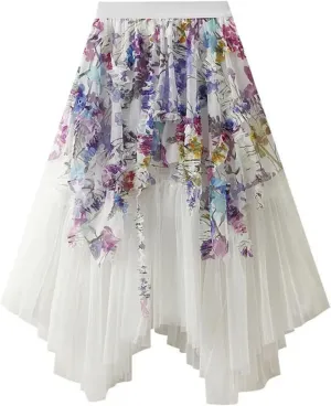 Women's Gauze Skirt - Irregular Mesh Hem Long Fairy Medium Length Ethereal Half Skirt