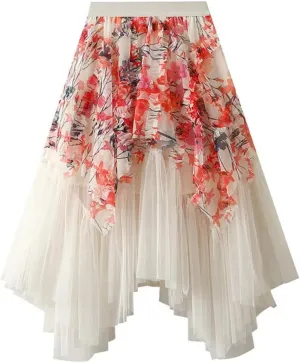 Women's Gauze Skirt - Irregular Mesh Hem Long Fairy Medium Length Ethereal Half Skirt