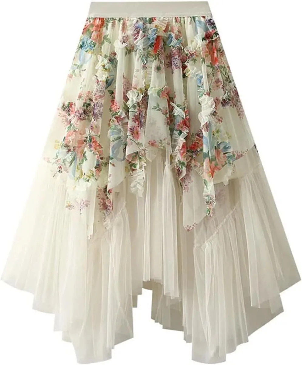 Women's Gauze Skirt - Irregular Mesh Hem Long Fairy Medium Length Ethereal Half Skirt