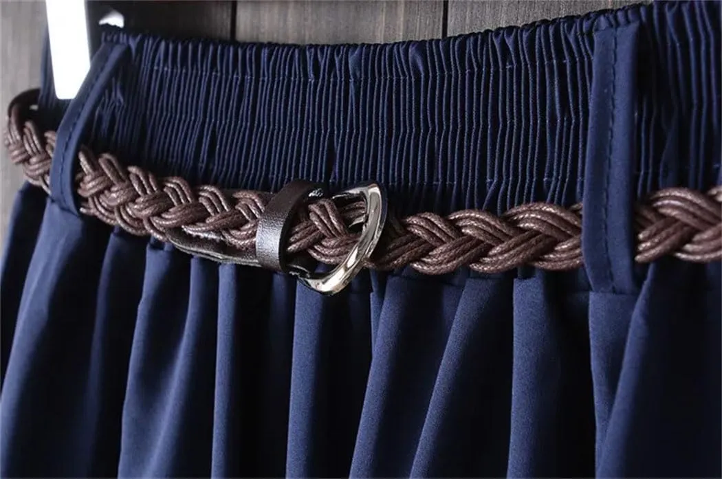 Women's High Waist A-Line Skirt with Belt Korean Style Pleated Midi Length Summer Casual Knee Length Skirt