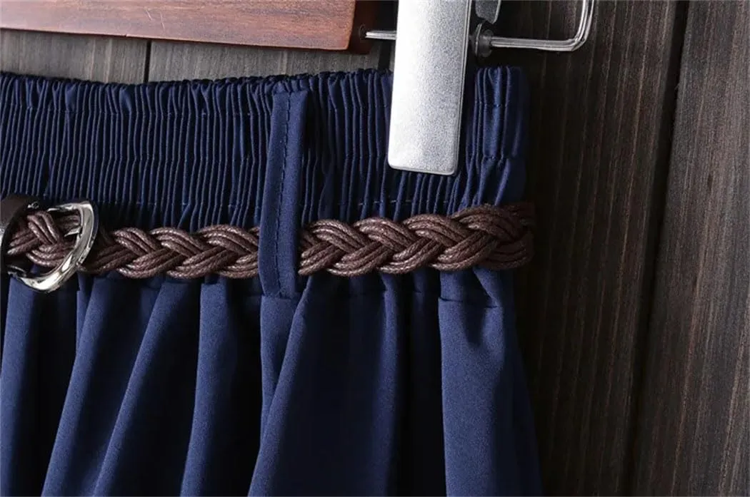 Women's High Waist A-Line Skirt with Belt Korean Style Pleated Midi Length Summer Casual Knee Length Skirt