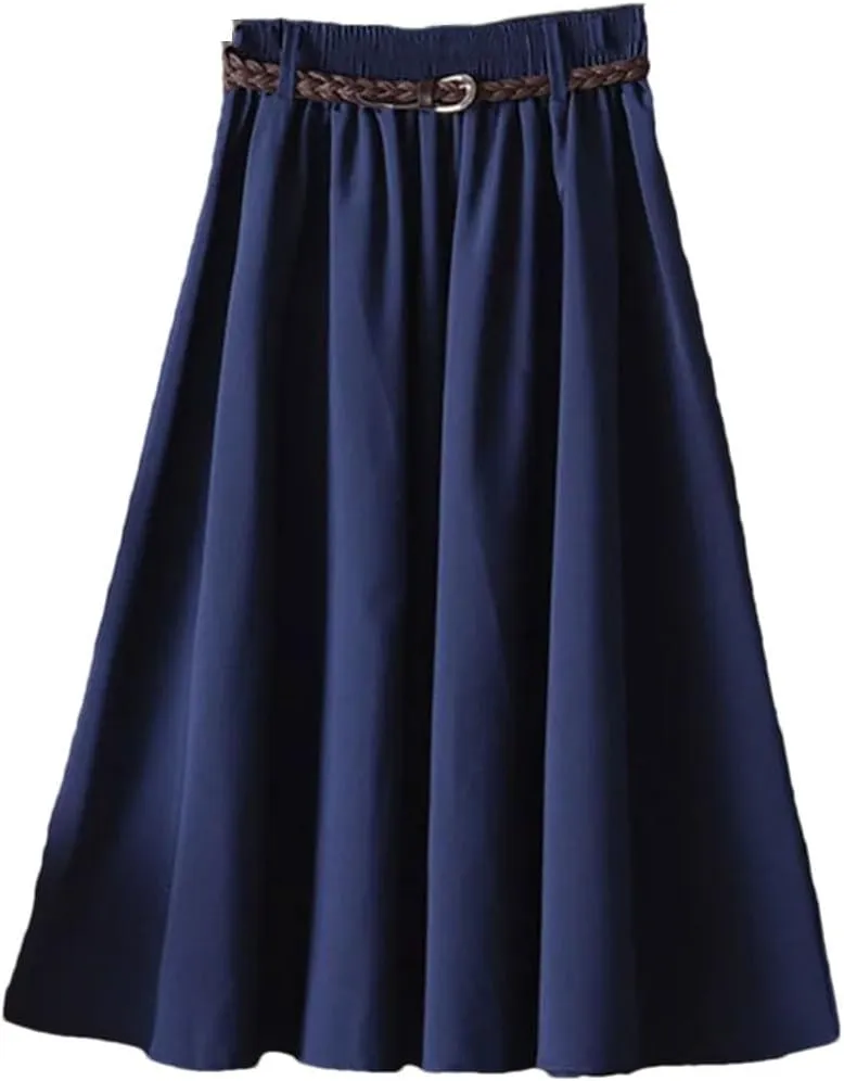 Women's High Waist A-Line Skirt with Belt Korean Style Pleated Midi Length Summer Casual Knee Length Skirt
