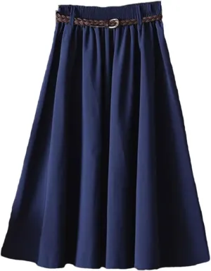 Women's High Waist A-Line Skirt with Belt Korean Style Pleated Midi Length Summer Casual Knee Length Skirt