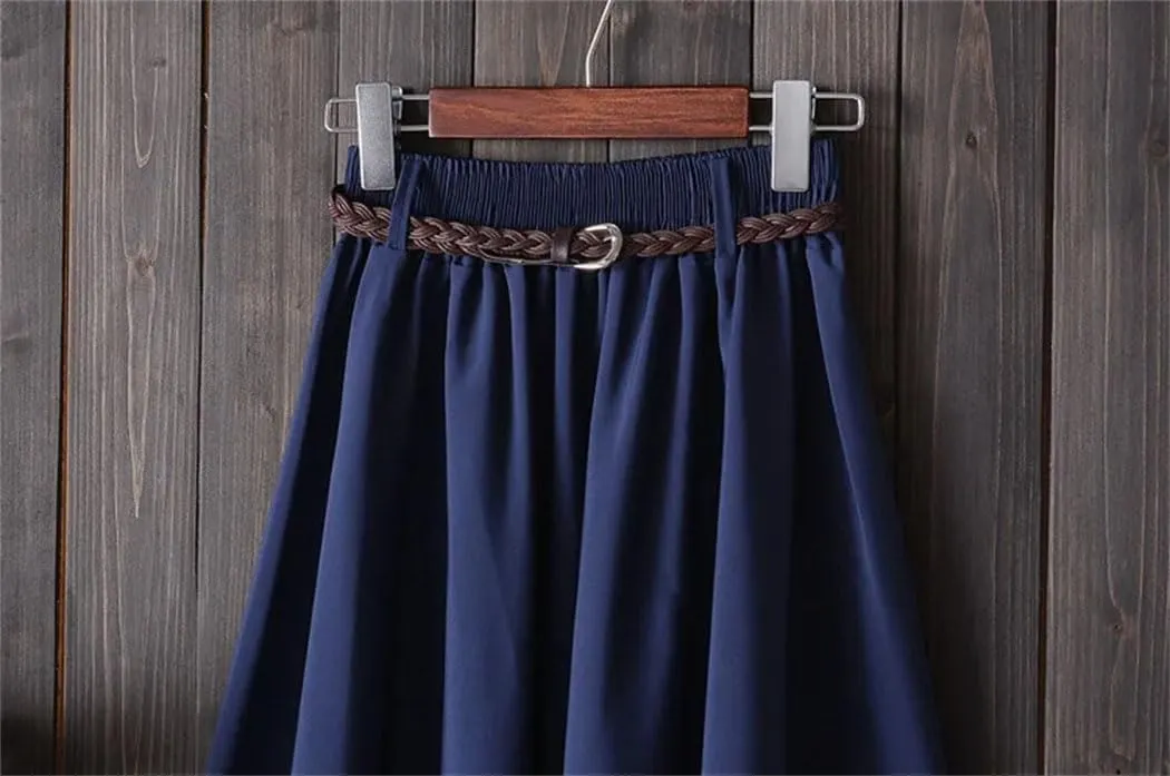 Women's High Waist A-Line Skirt with Belt Korean Style Pleated Midi Length Summer Casual Knee Length Skirt