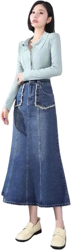 Women's High-Waisted Denim Skirt with Fringe A- Line Medium-Length Umbrella Skirt