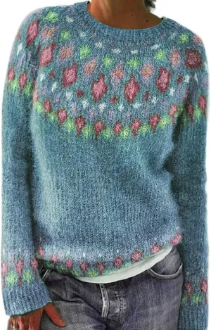 Womens Knitted Fair Isle Print Retro Sweater Long Sleeve Crewneck Sweater Ugly Christmas Fall Sweaters for Women 2024