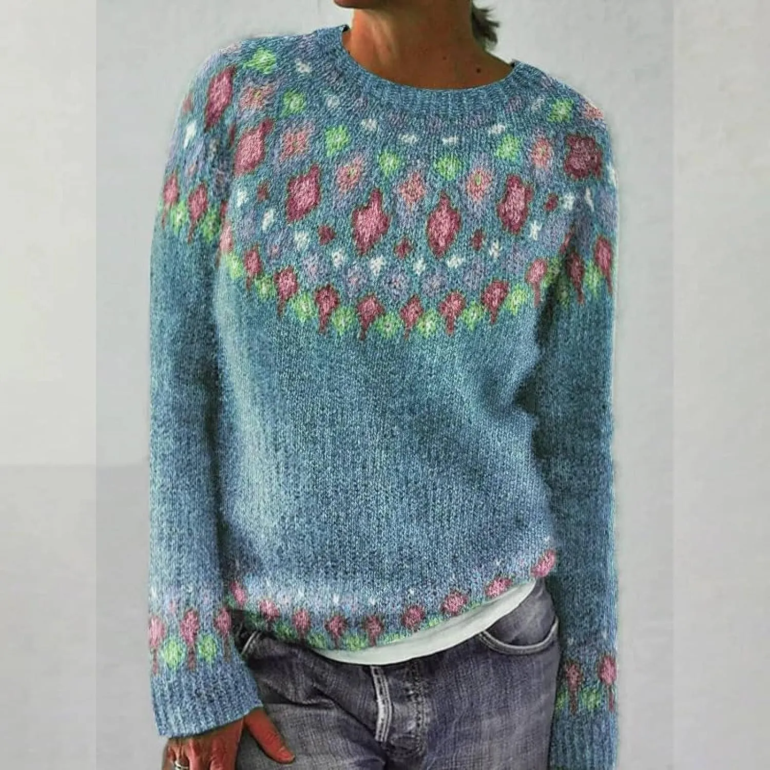 Womens Knitted Fair Isle Print Retro Sweater Long Sleeve Crewneck Sweater Ugly Christmas Fall Sweaters for Women 2024