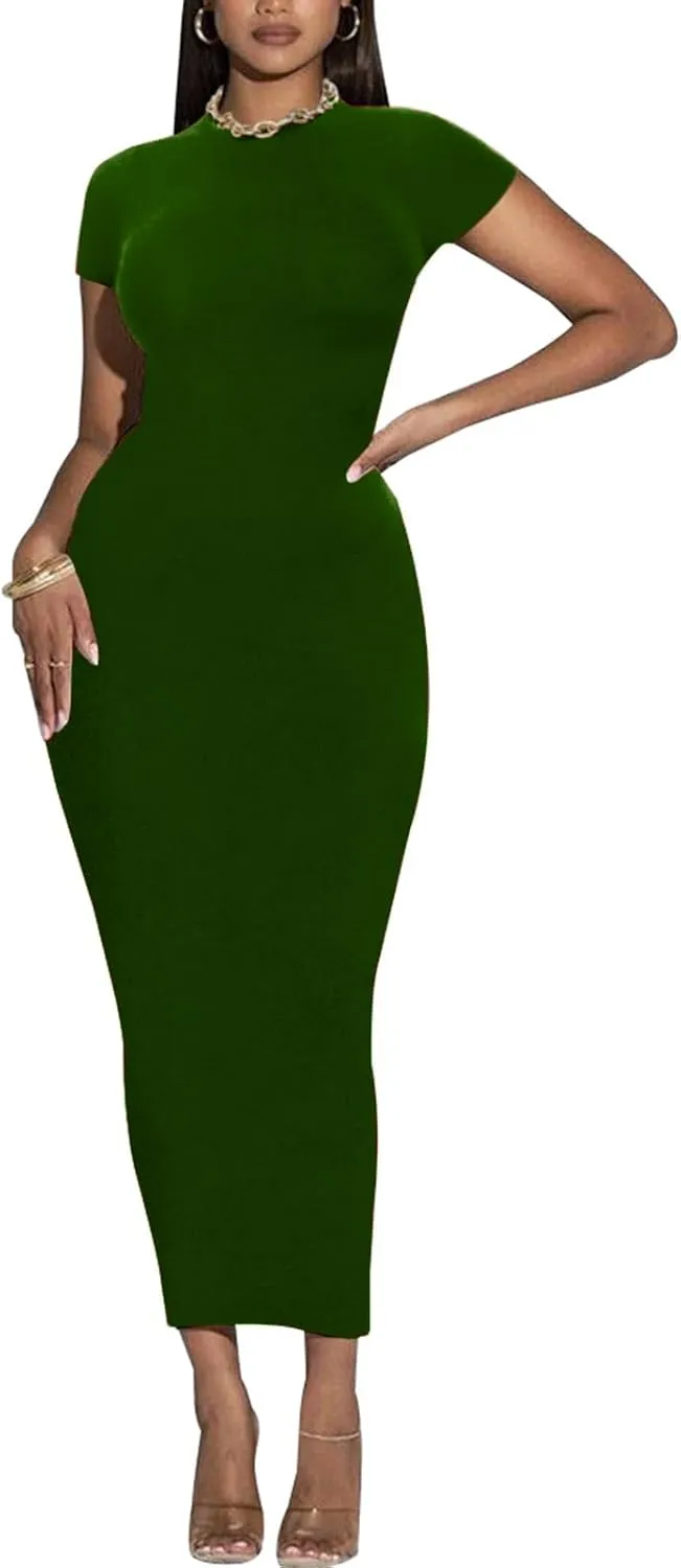 Women's Long Bodycon Dresses Leopard Print Casual Maxi Club Party Tight Dress Short Sleeve