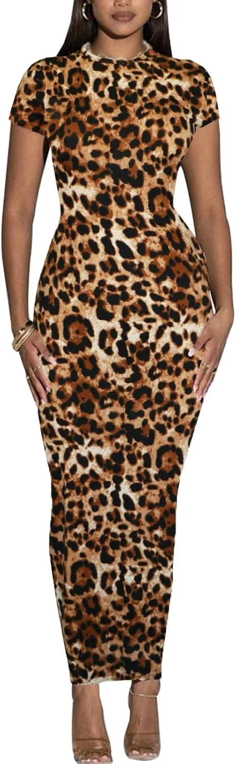 Women's Long Bodycon Dresses Leopard Print Casual Maxi Club Party Tight Dress Short Sleeve