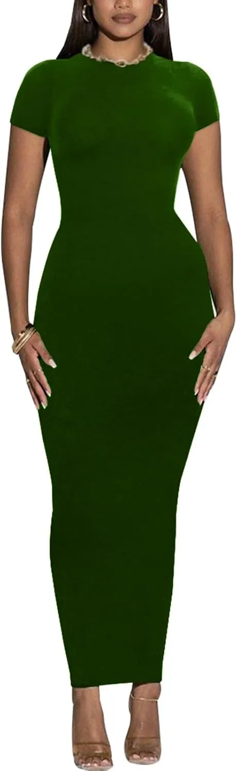 Women's Long Bodycon Dresses Leopard Print Casual Maxi Club Party Tight Dress Short Sleeve
