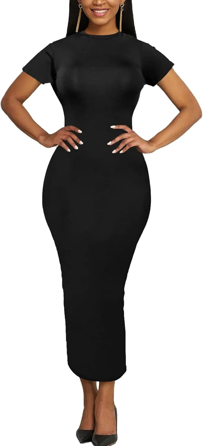 Women's Long Bodycon Dresses Leopard Print Casual Maxi Club Party Tight Dress Short Sleeve