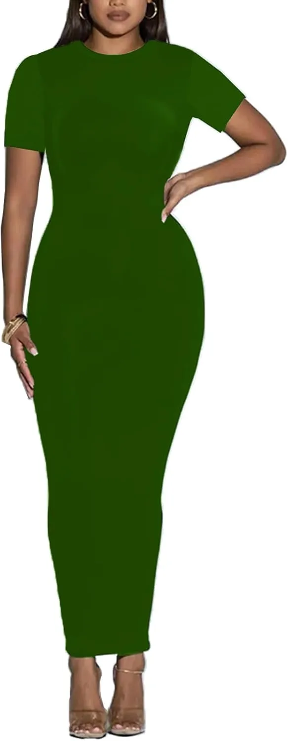 Women's Long Bodycon Dresses Leopard Print Casual Maxi Club Party Tight Dress Short Sleeve