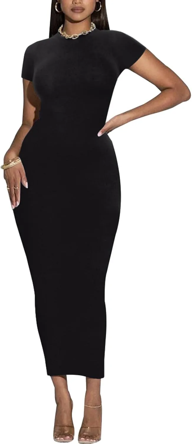 Women's Long Bodycon Dresses Leopard Print Casual Maxi Club Party Tight Dress Short Sleeve