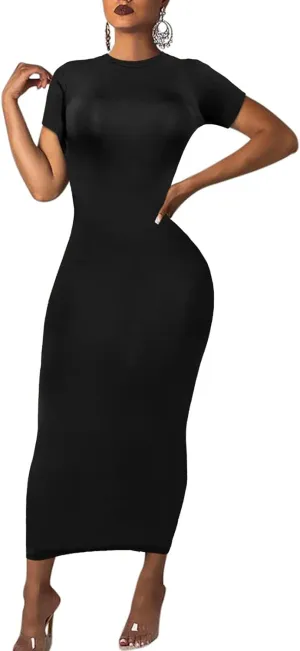 Women's Long Bodycon Dresses Leopard Print Casual Maxi Club Party Tight Dress Short Sleeve