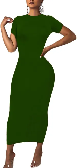 Women's Long Bodycon Dresses Leopard Print Casual Maxi Club Party Tight Dress Short Sleeve