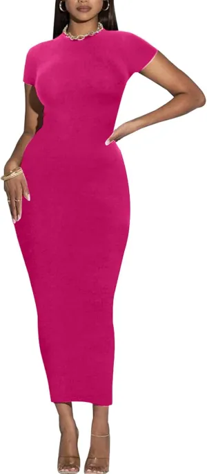 Women's Long Bodycon Dresses Leopard Print Casual Maxi Club Party Tight Dress Short Sleeve
