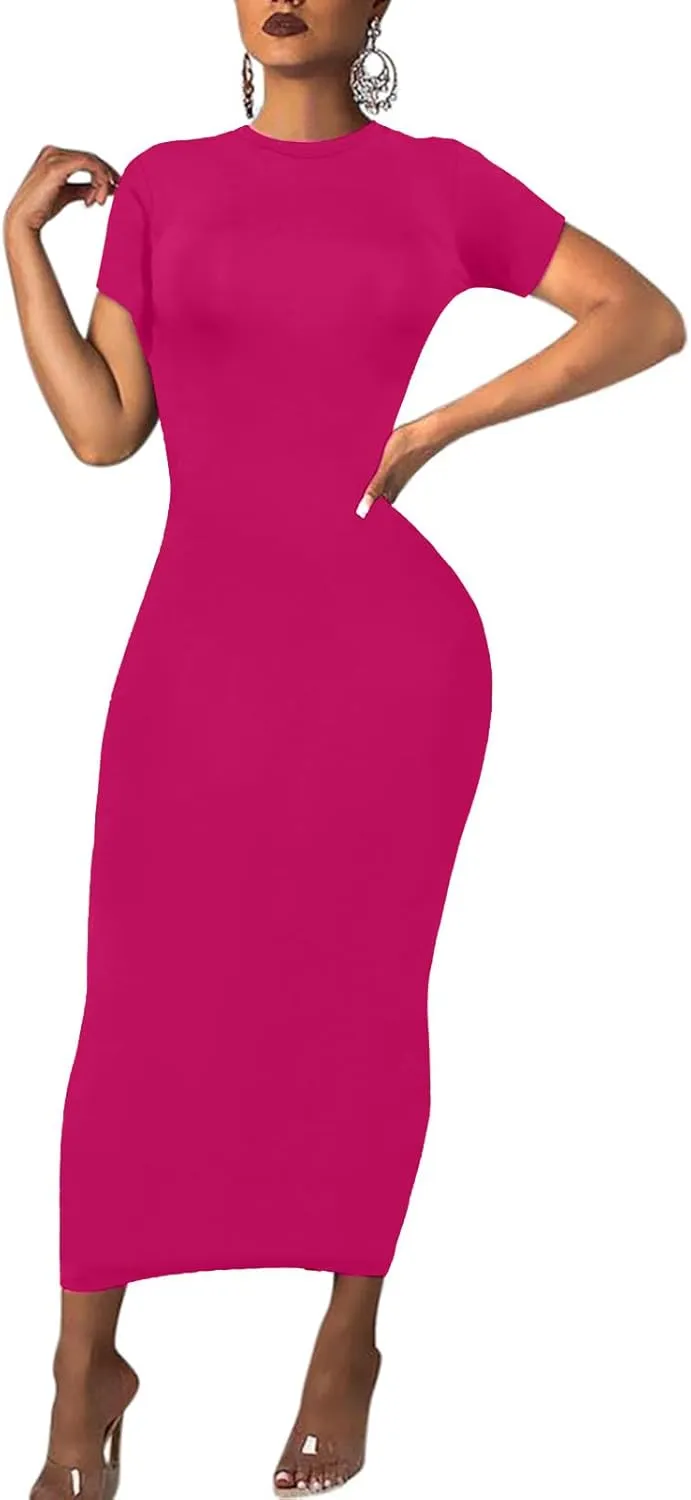 Women's Long Bodycon Dresses Leopard Print Casual Maxi Club Party Tight Dress Short Sleeve
